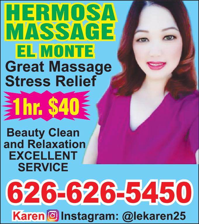 HERMOSA MASSAGE EL MONTE Great Massage Stress Relief 1hr 40 Beauty Clean and Relaxation EXCELLENT SERVICE 626-626-5450 Karen Instagram lekaren25