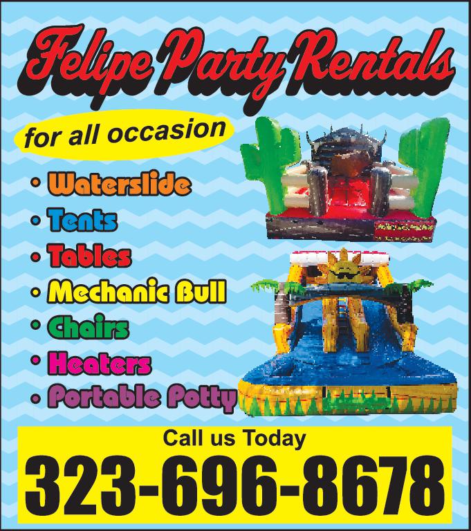 Fellipe Party Rentals for all occasion Waterslide Tents Tables Mechanic Bull Chairs Heaters Portable Potty Call us Today 323-696-8678