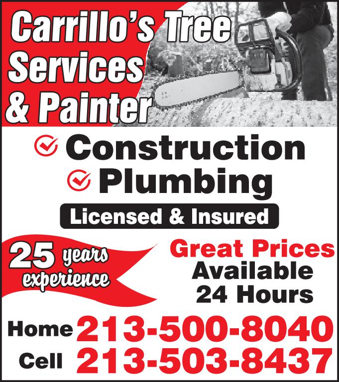Carrillo's Tree Services Painter Construction Plumbing Licensed Insured 25 years experience Great Prices Available 24 Hours Home 213-500-8040 Cell 213-503-8437